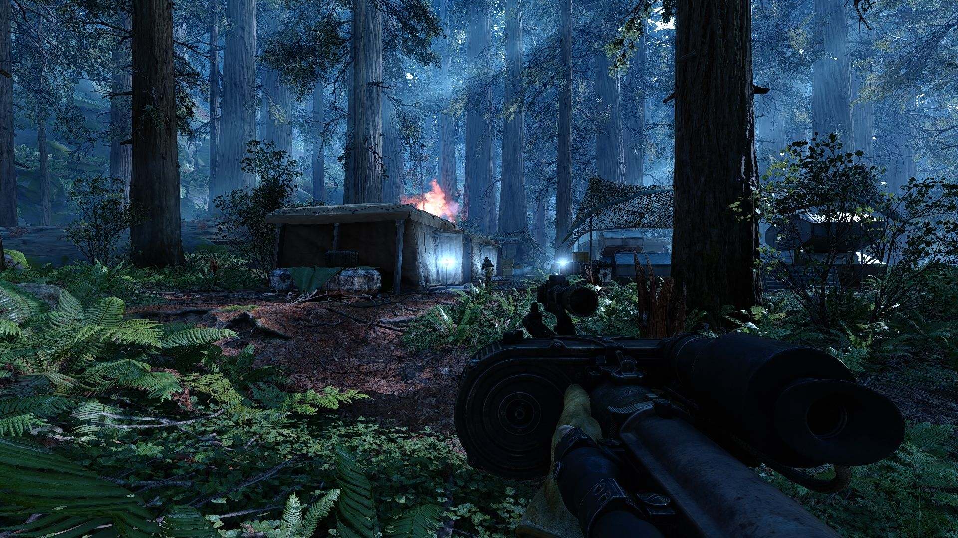 Soldier watching over multiple bunkers in foresty terrain.