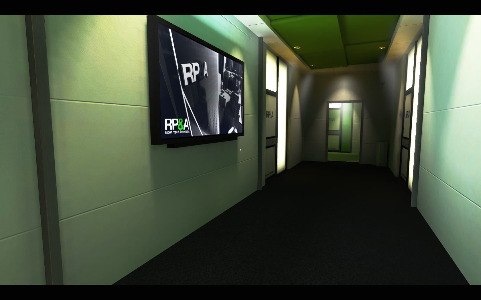 Corridor with green roof and white walls. TV on wall is showing advertising.
