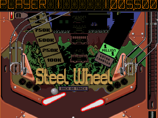 Pinball board named Steel Wheel with a wild west train theme.