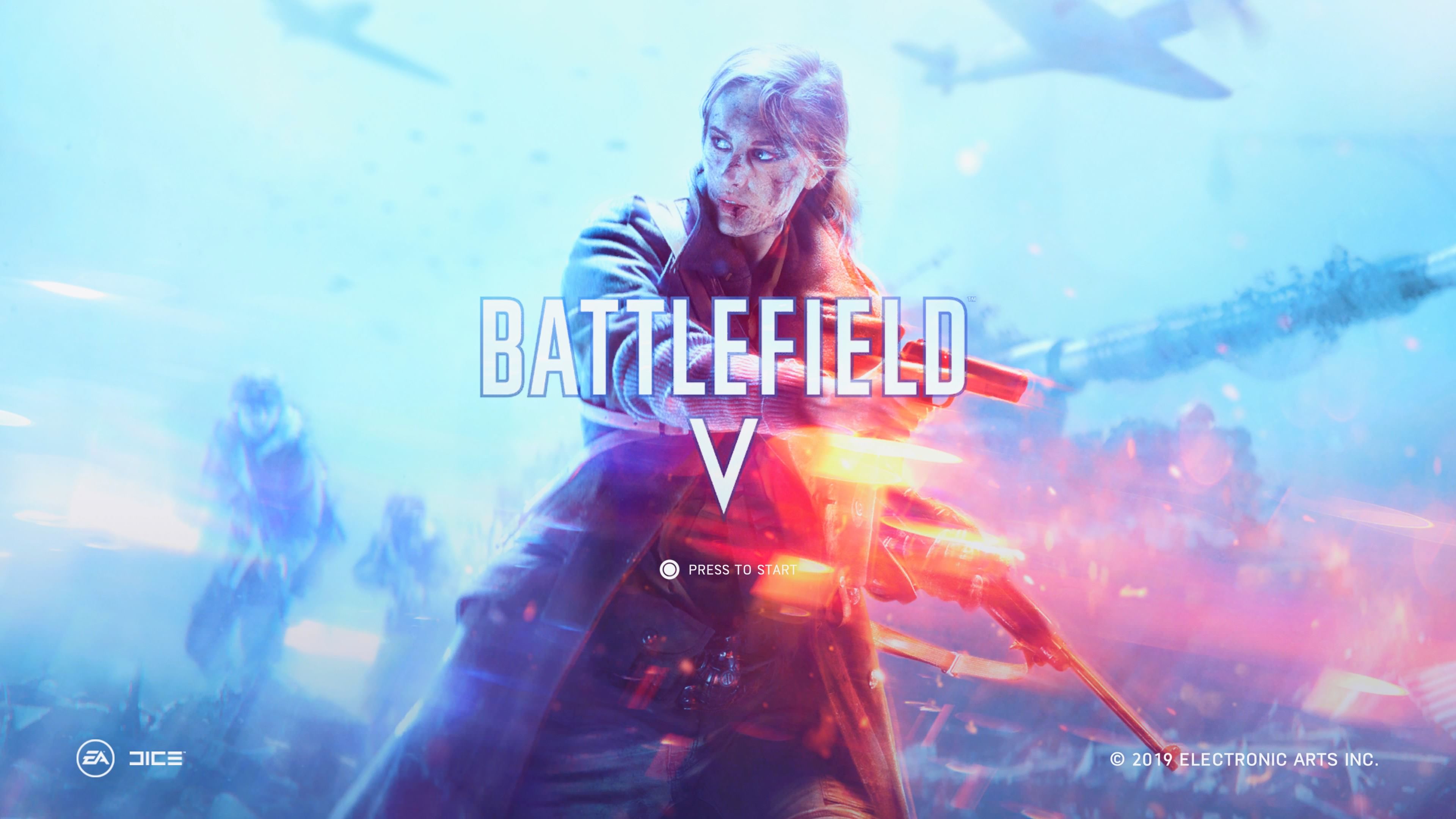 Battlefield Five cover photo. Female character holding a pistol with multiple troopers in the background.
