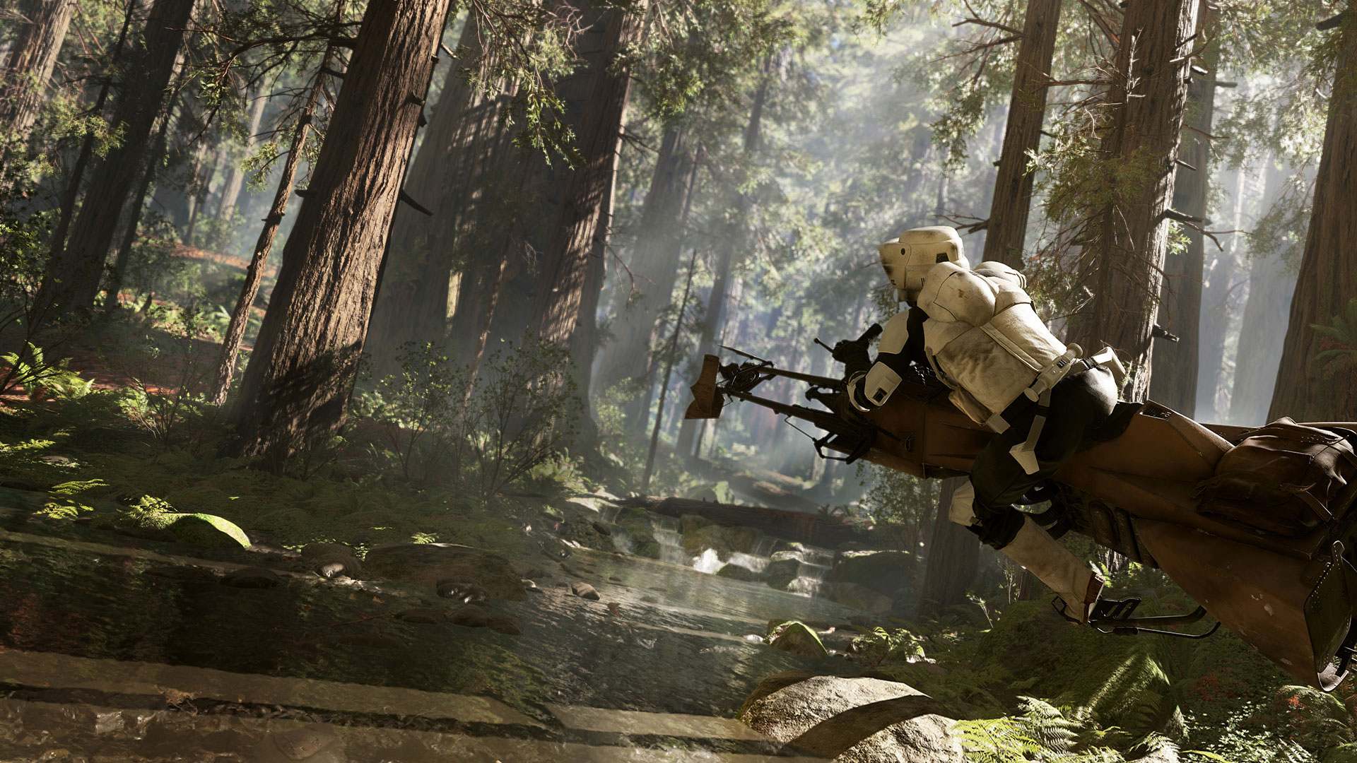 Stormtrooper riding a speeder bike in forest terrain.