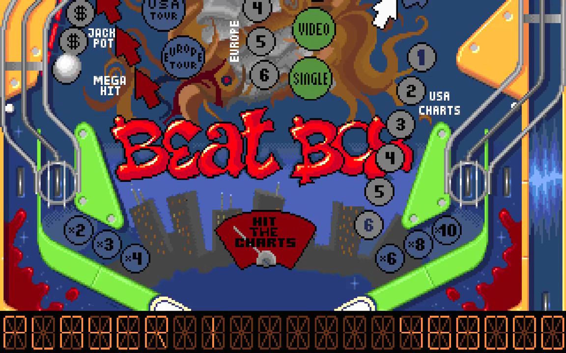 Pinball board named Beat Box with an urban music theme.