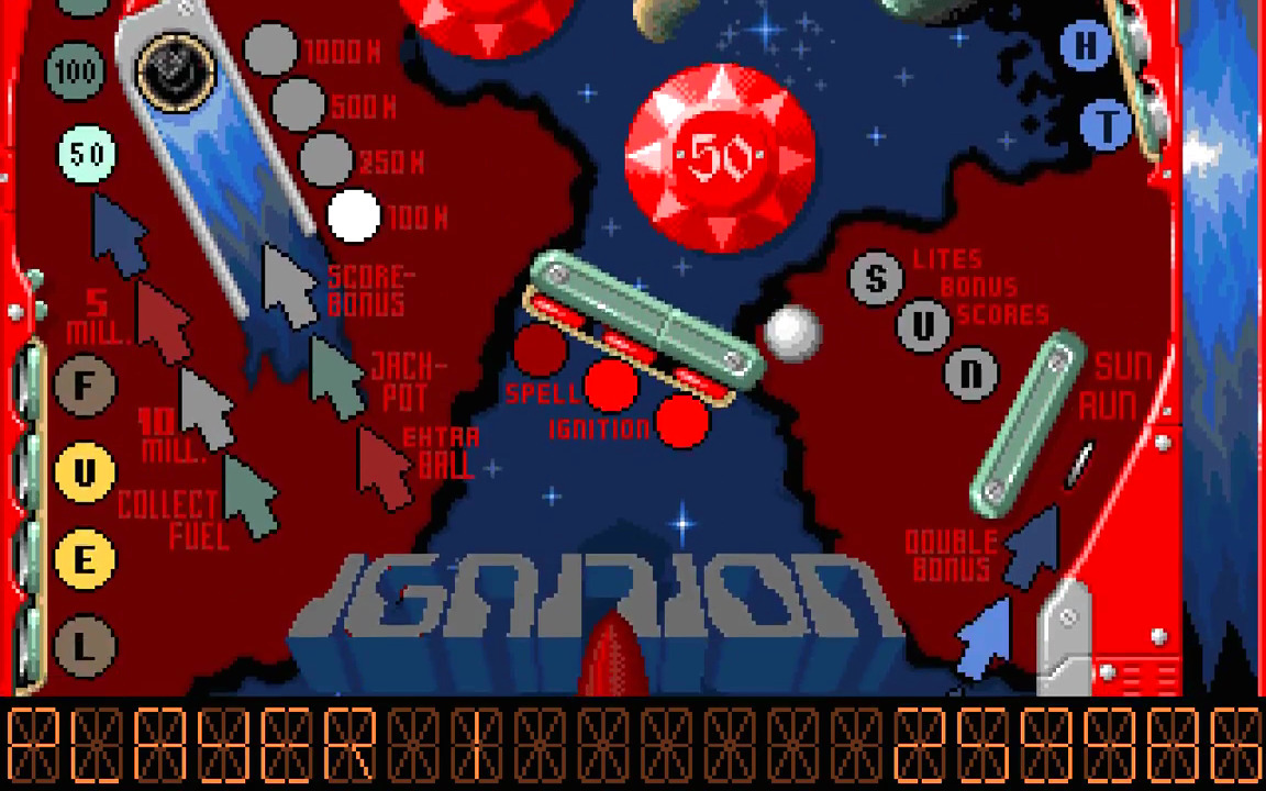 Pinball board named Ignition with a red and blue space theme.