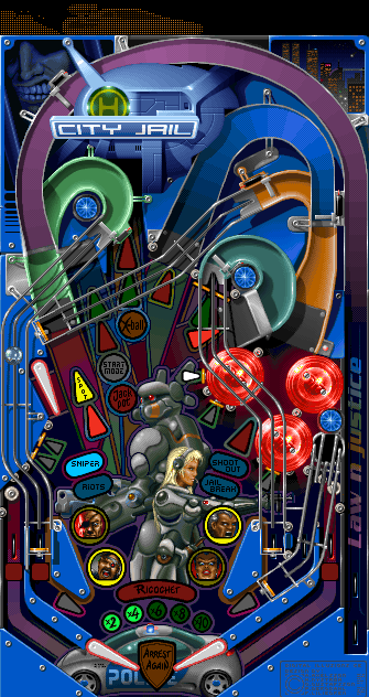 Pinball board named Law with futuristic law enforcement robots.