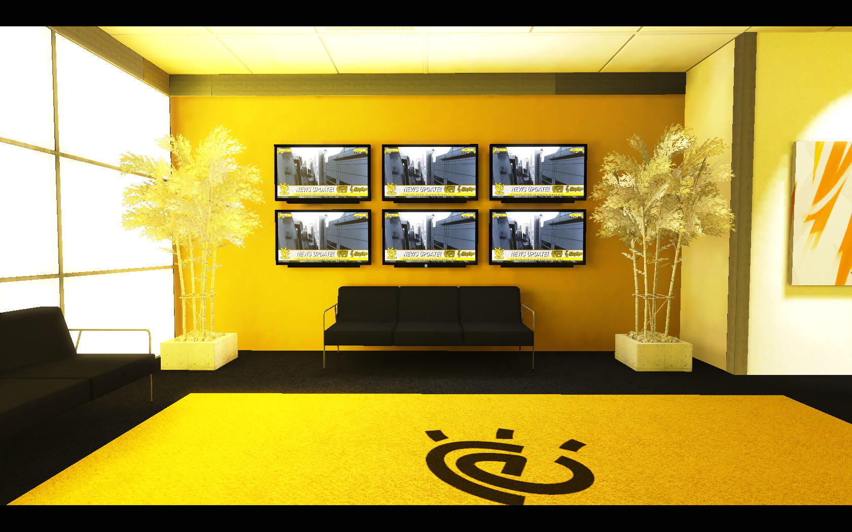 Room with multiple TVs and two unnaturally colored white trees. Room is yellow and black with white ceiling.